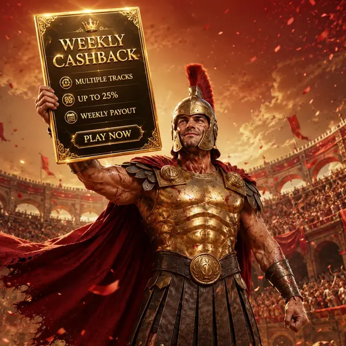 Campeón de Apuestas Deportivas Legiano sosteniendo tarjeta dorada de cashback semanal en pose de victoria en arena