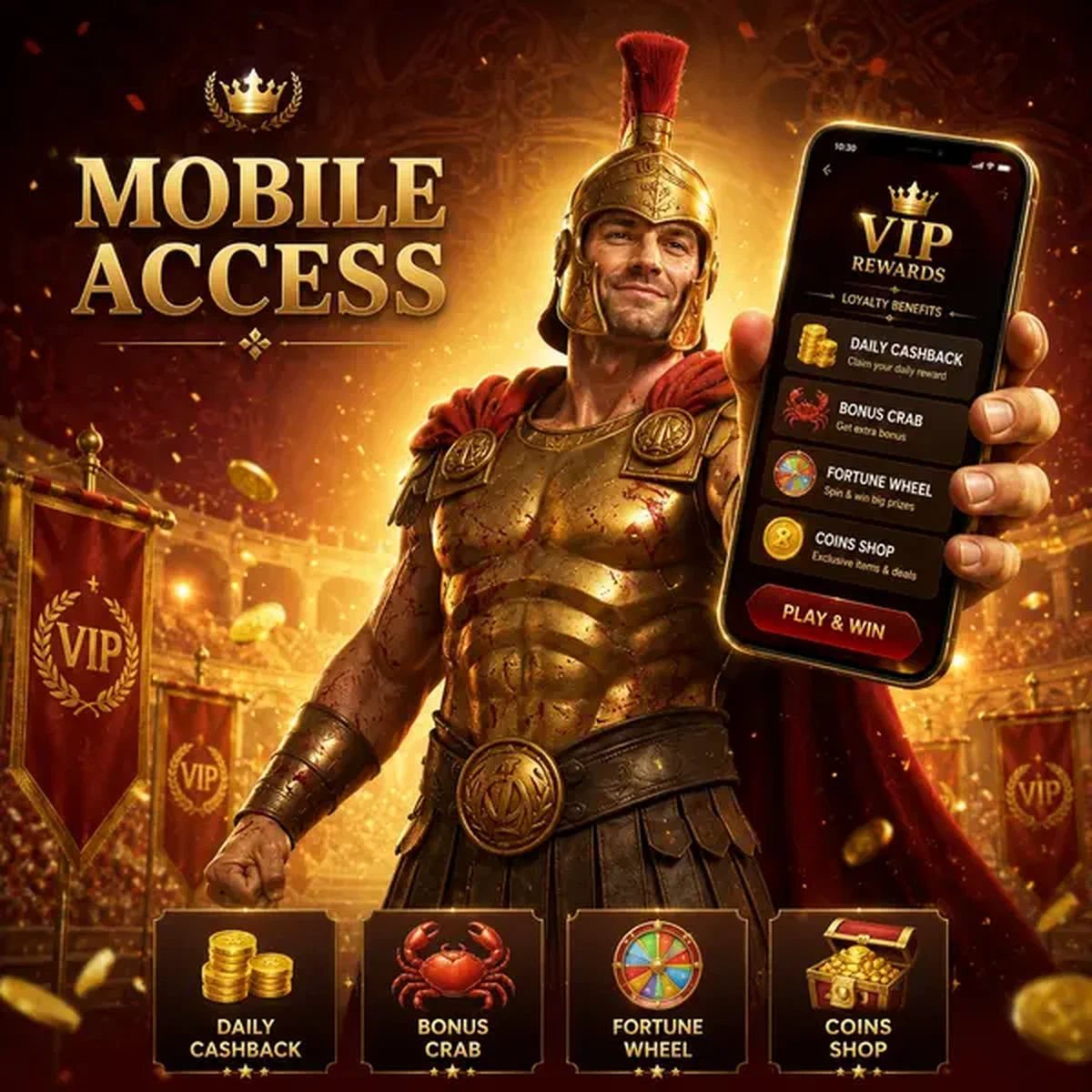 Campeón triunfante sosteniendo dispositivo móvil mostrando la app de Legiano con recompensas de lealtad