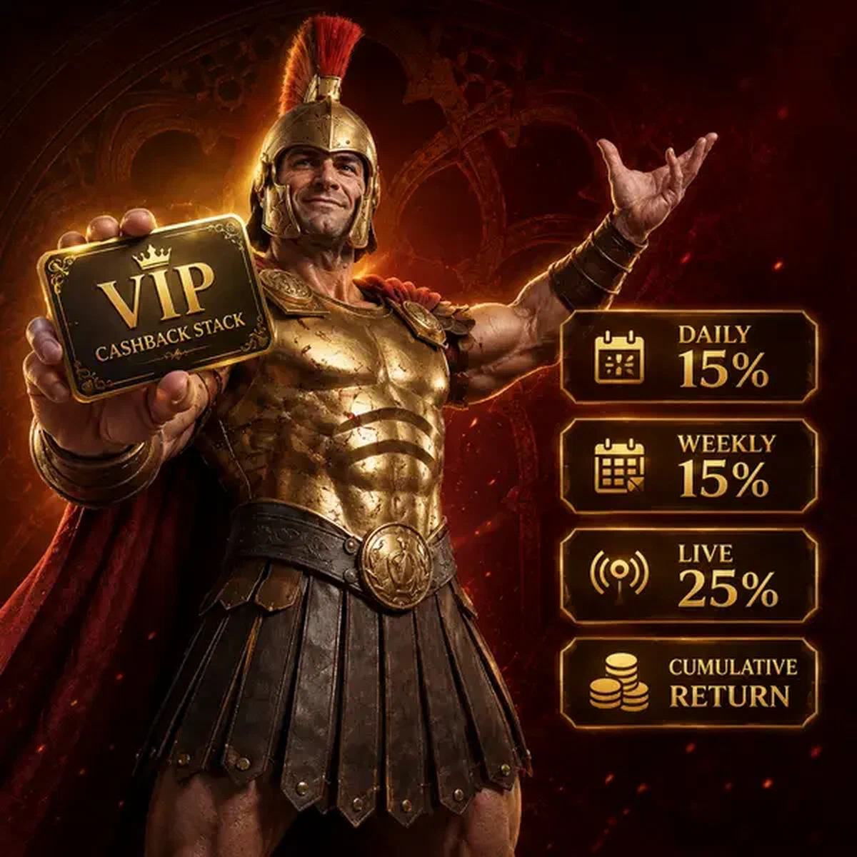 Jugador VIP mostrando recompensas exclusivas de cashback en celebración triunfante de bonos