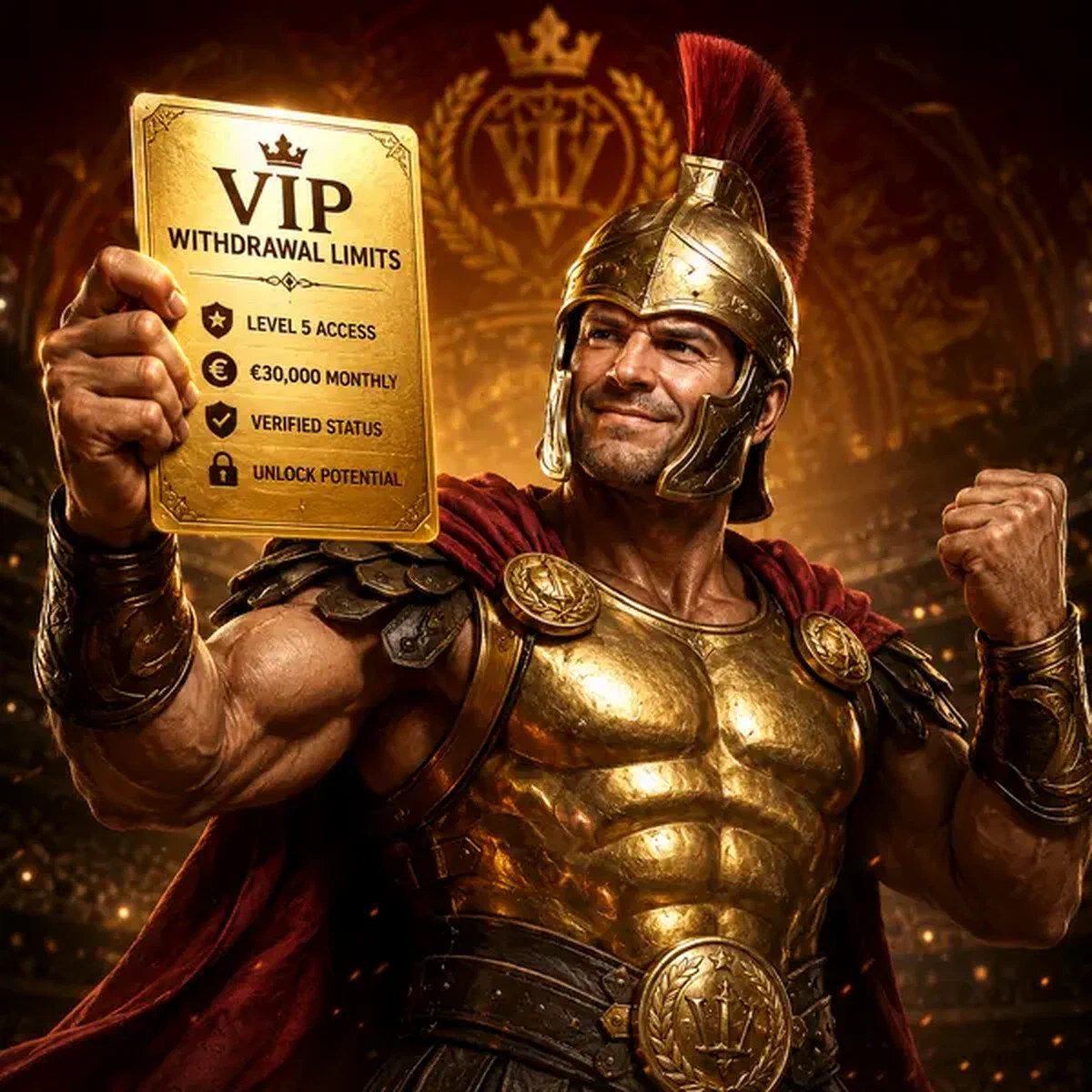 Jugador VIP triunfante sosteniendo tarjeta dorada para verificar identidad en arena Legiano