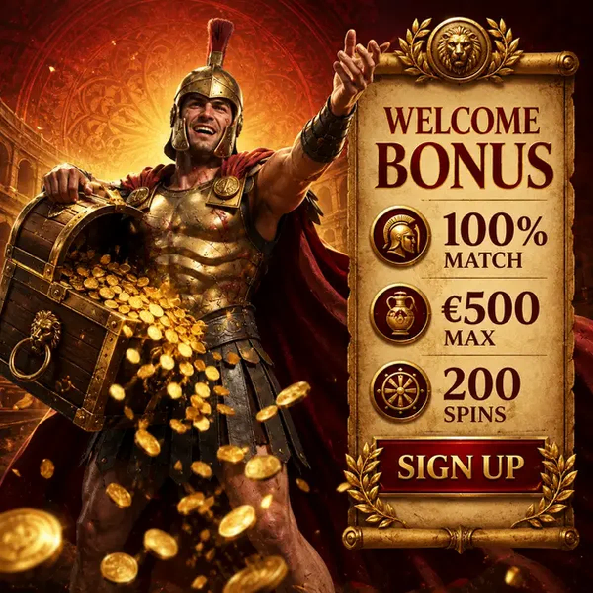 Jugador registrándose en el portal de Bono de Bienvenida con cofre del tesoro desbordante de monedas de oro