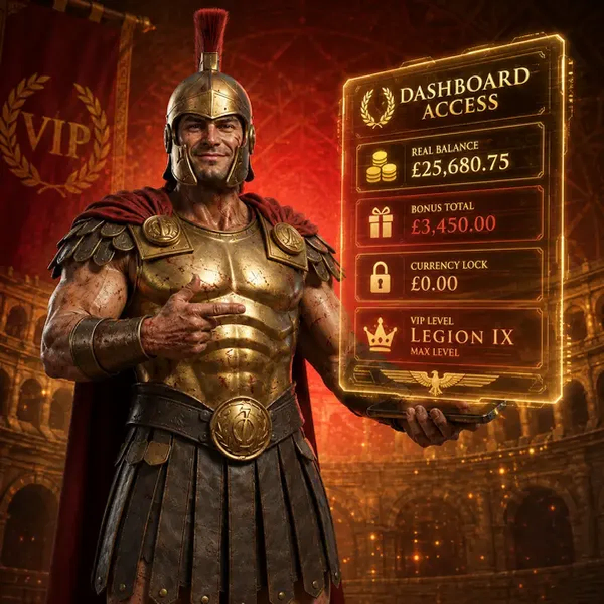 Triumphator de Legiano examinando panel de inicio de sesión en tableta dorada en arena inspirada en el Coliseo