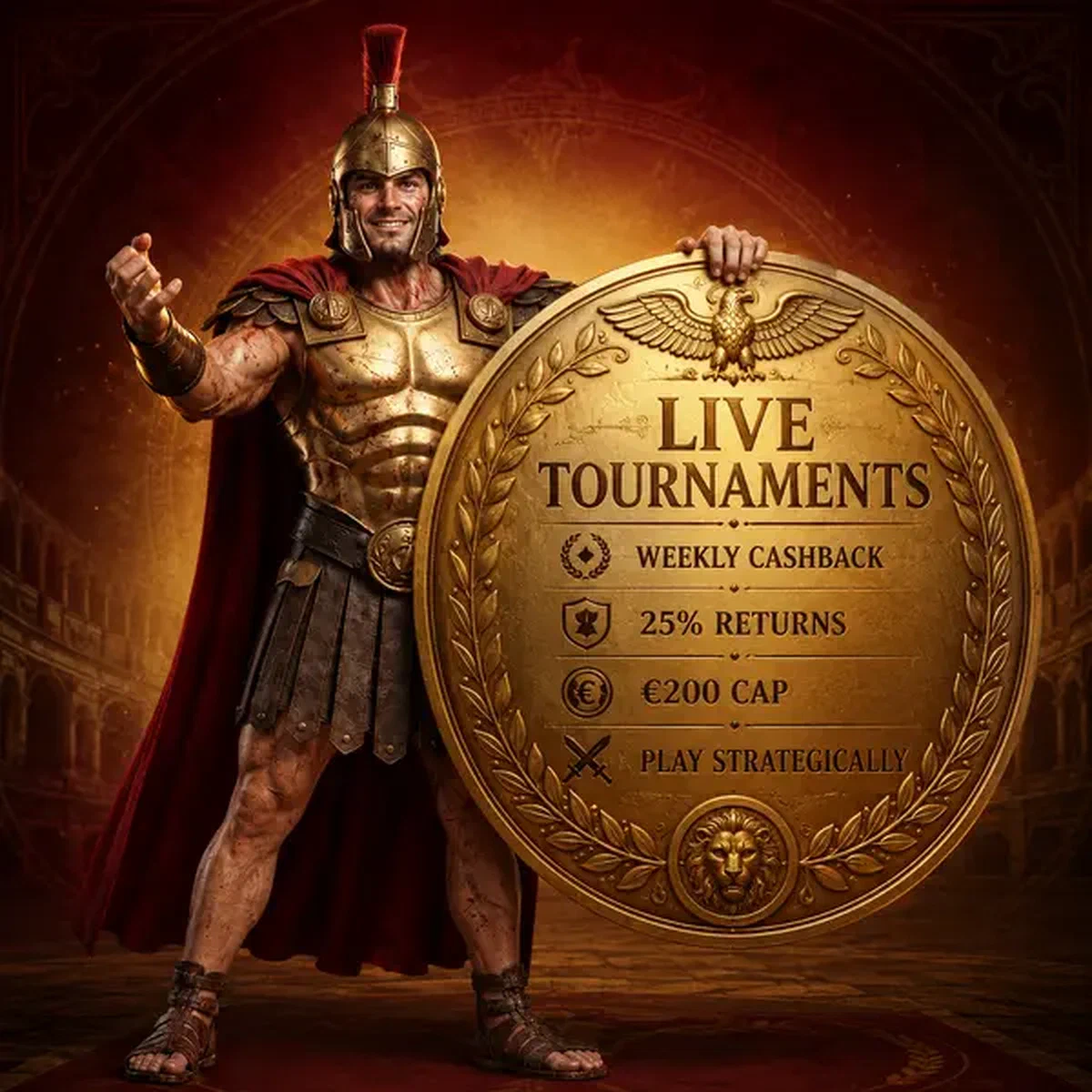 Triumphator de Legiano sosteniendo escudo dorado en mesas de casino en vivo con emblemas romanos