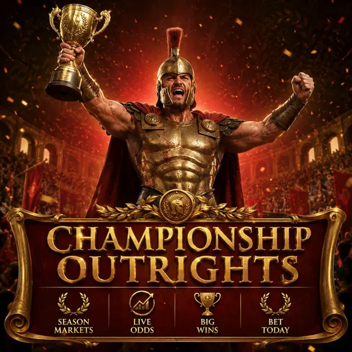 Triumphator de Legiano levanta trofeo dorado en alto en arena de apuestas deportivas de Mercados de Temporada Completa