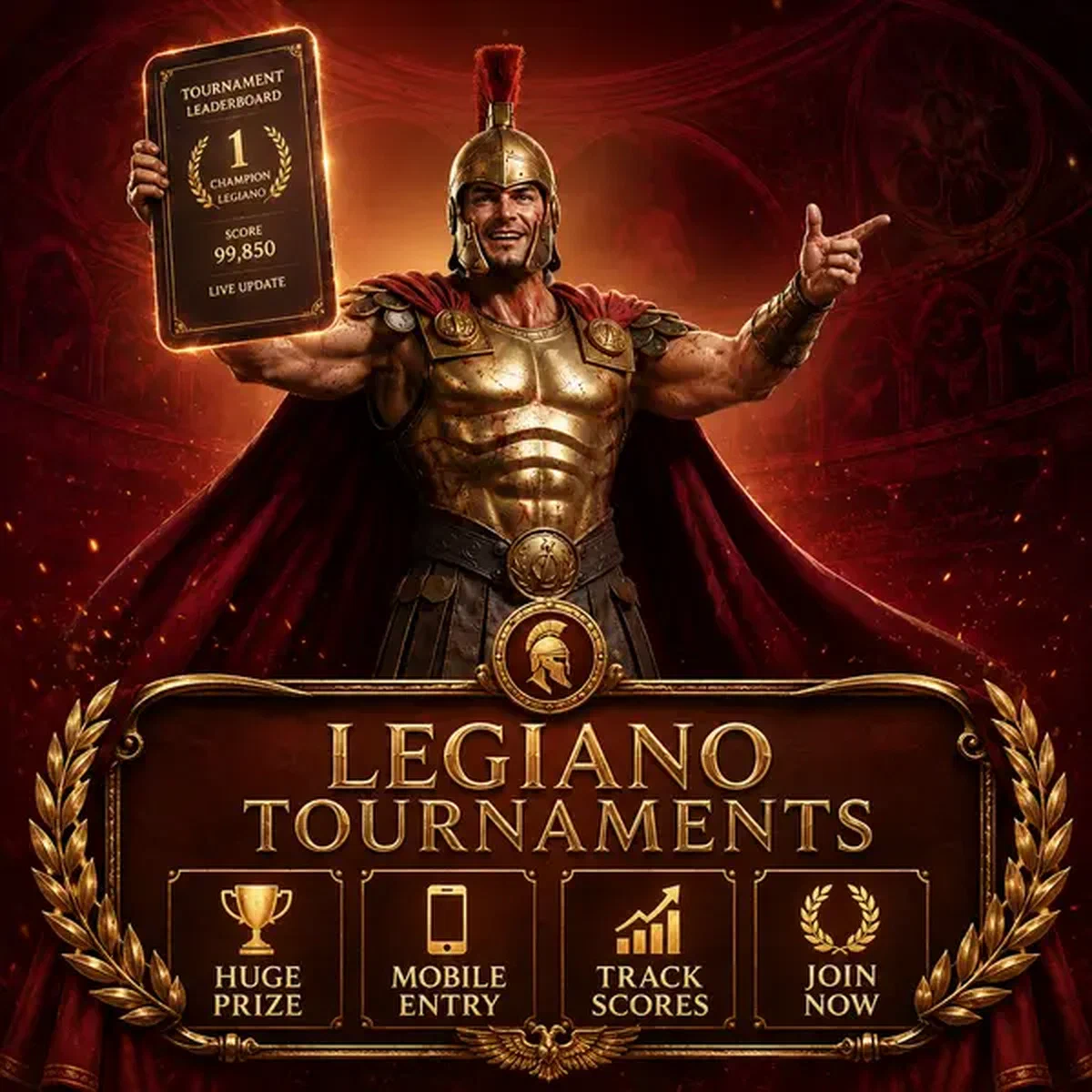 Héroe de Legiano sosteniendo tableta de torneo brillante en pantalla de descarga de app móvil