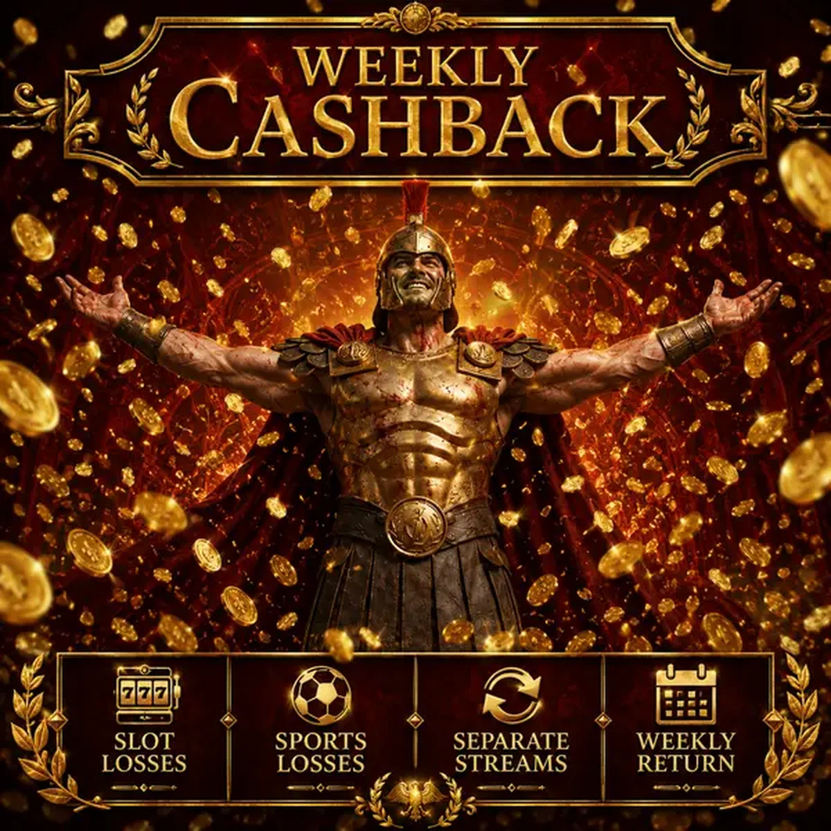 Jugador VIP triunfante disfrutando de monedas de cashback semanal en Ritmo de Cashback Semanal en Casino y Deportes