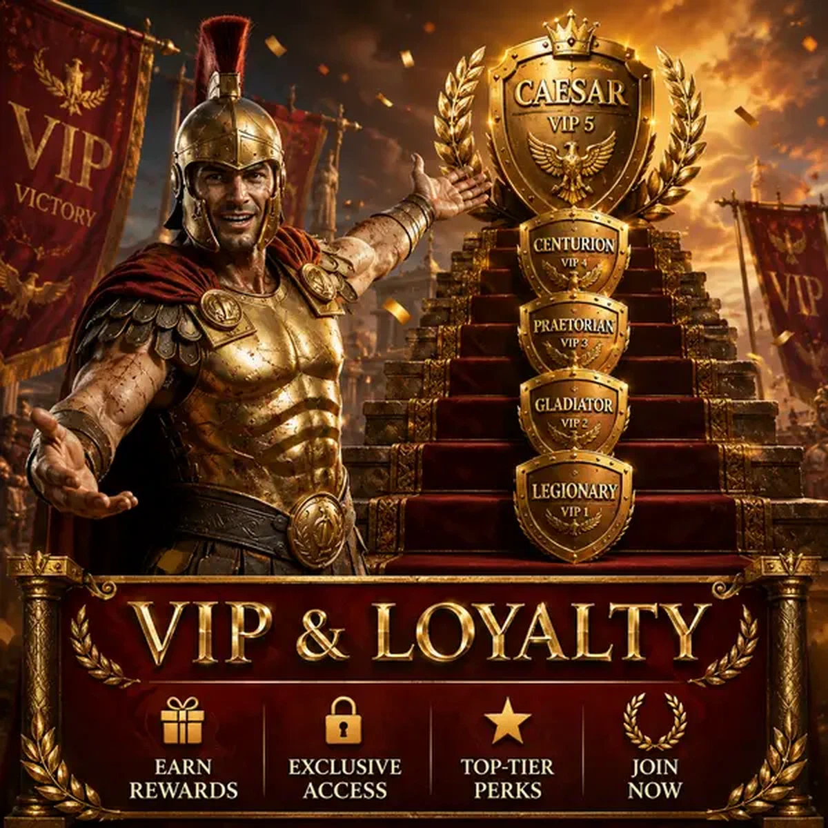 Legiano gesticula hacia escudos VIP mientras el jugador explora recompensas de lealtad en niveles elevados