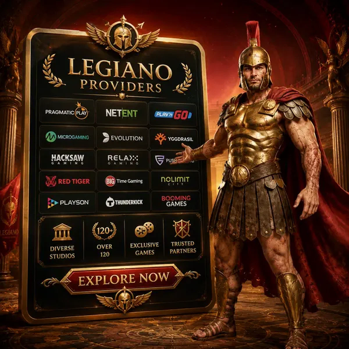 Legiano triunfante con tablet mostrando más de 120 diversos proveedores de software para juegos exclusivos