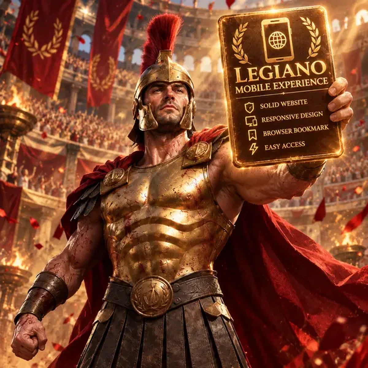 Gladiador triunfante mostrando diseño responsive de Experiencia Móvil de Legiano en foco de arena dorada
